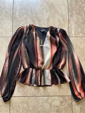 Express Women's Multicolor Striped V-Neck Peplum Blouse